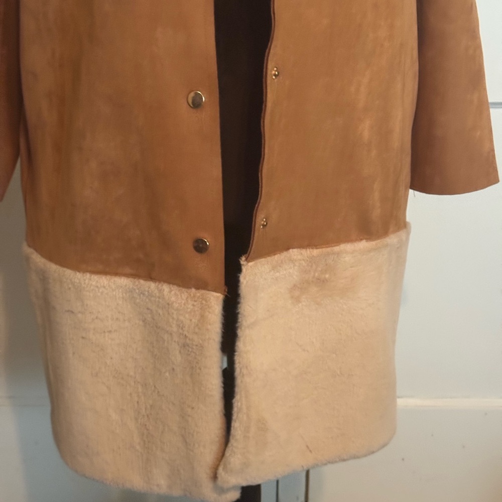 Zara Ladies Coat Faux Suede Sheepskin Shearling  Fur Lightweight Tan Cream  S - Picture 3 of 16